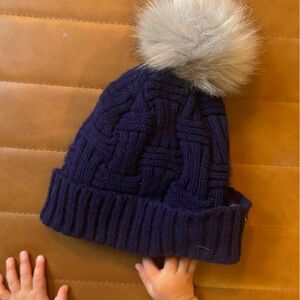 Navy Knit Beanie with Faux Fur Pom